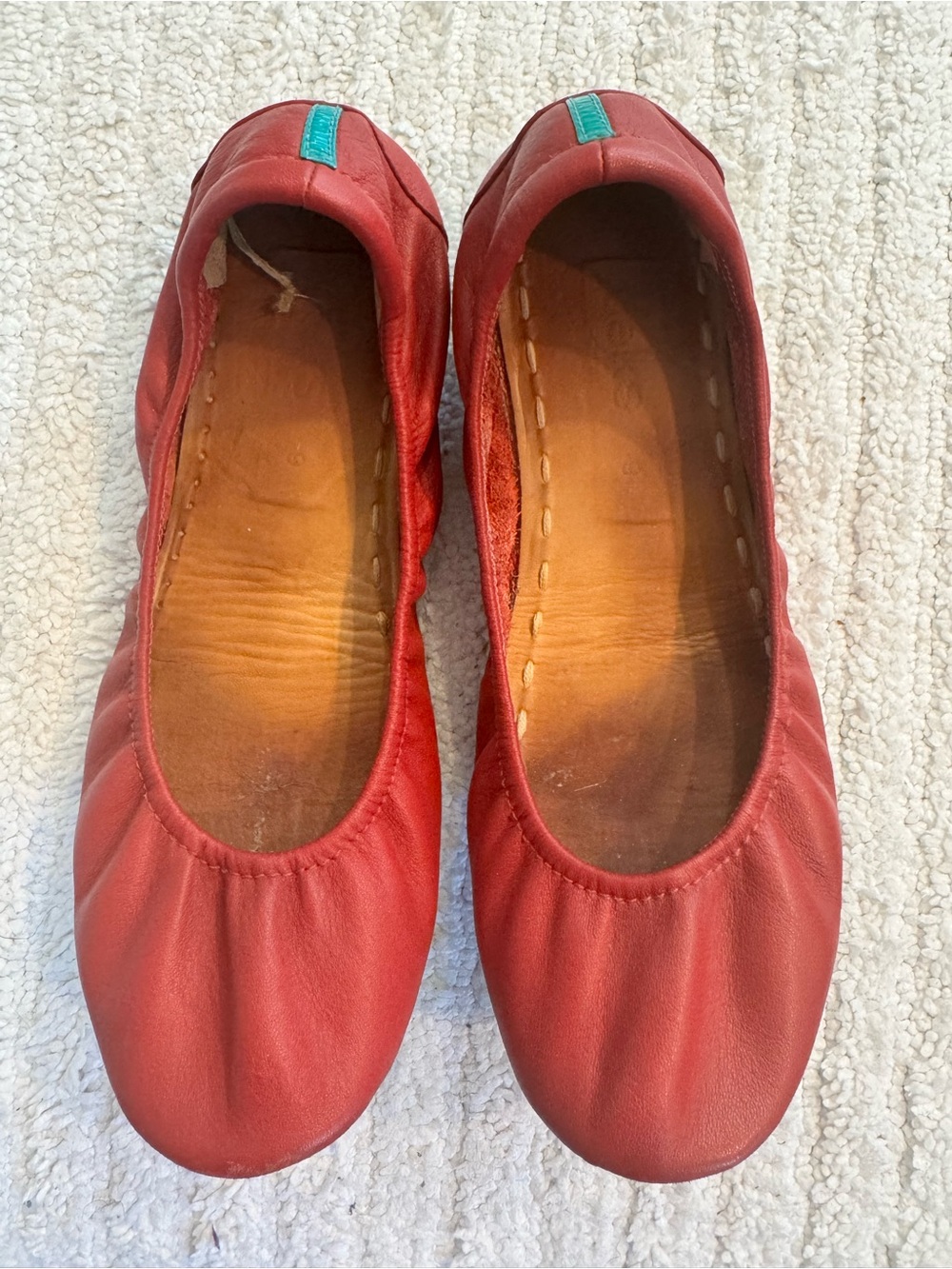 Tieks Cardinal Red Leather Ballet Flats with Teal Accent. Box & Travel Bag
